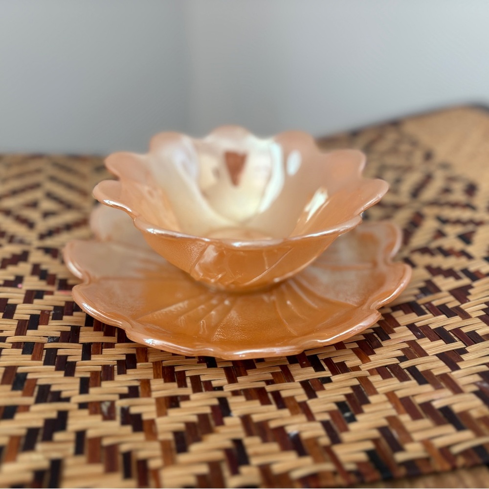 MCM Peach Lusterware Vintage Lotus Blossom Dessert Bowl & Saucer Set